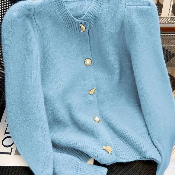 Cardigan Crew Neck Beaded Button Front Long Sleeve Blue - Picture 1 of 6